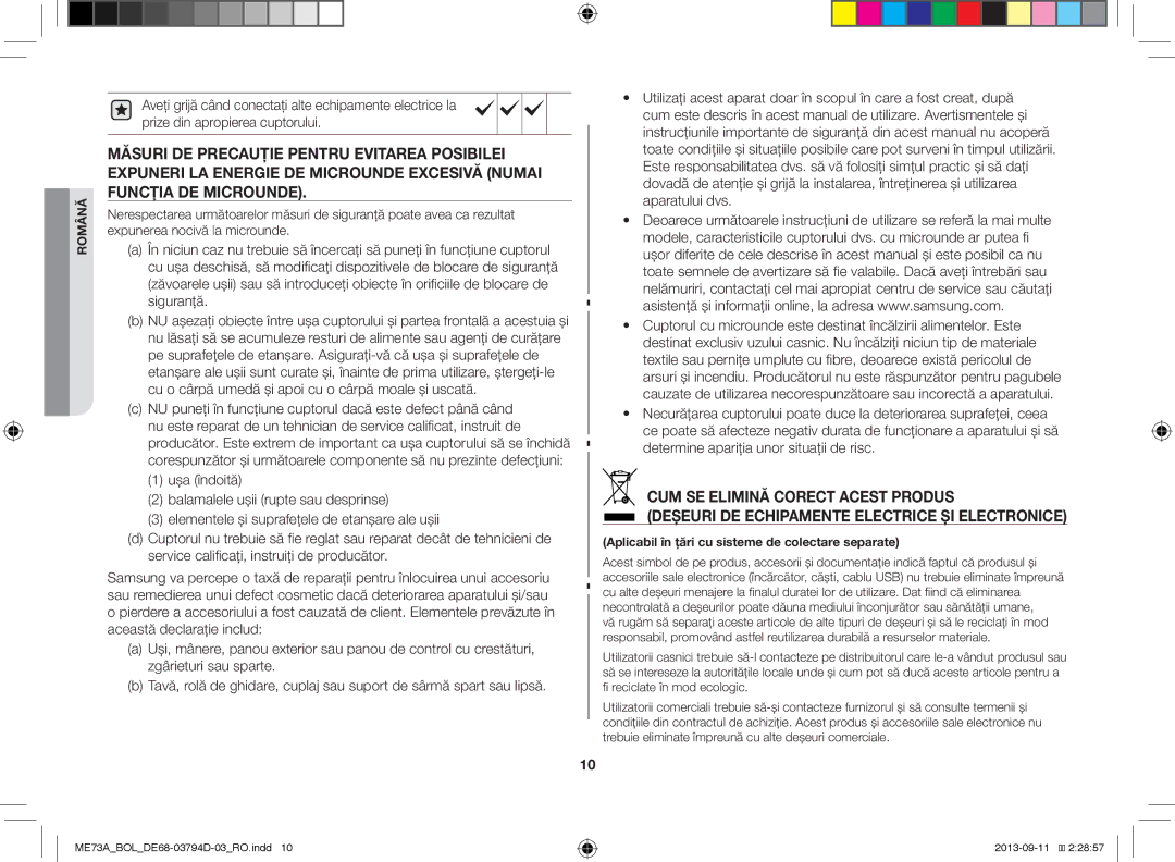 Samsung ME73A/BOL, ME73A/XEO Determine apariţia unor situaţii de risc, Aplicabil în țări cu sisteme de colectare separate 