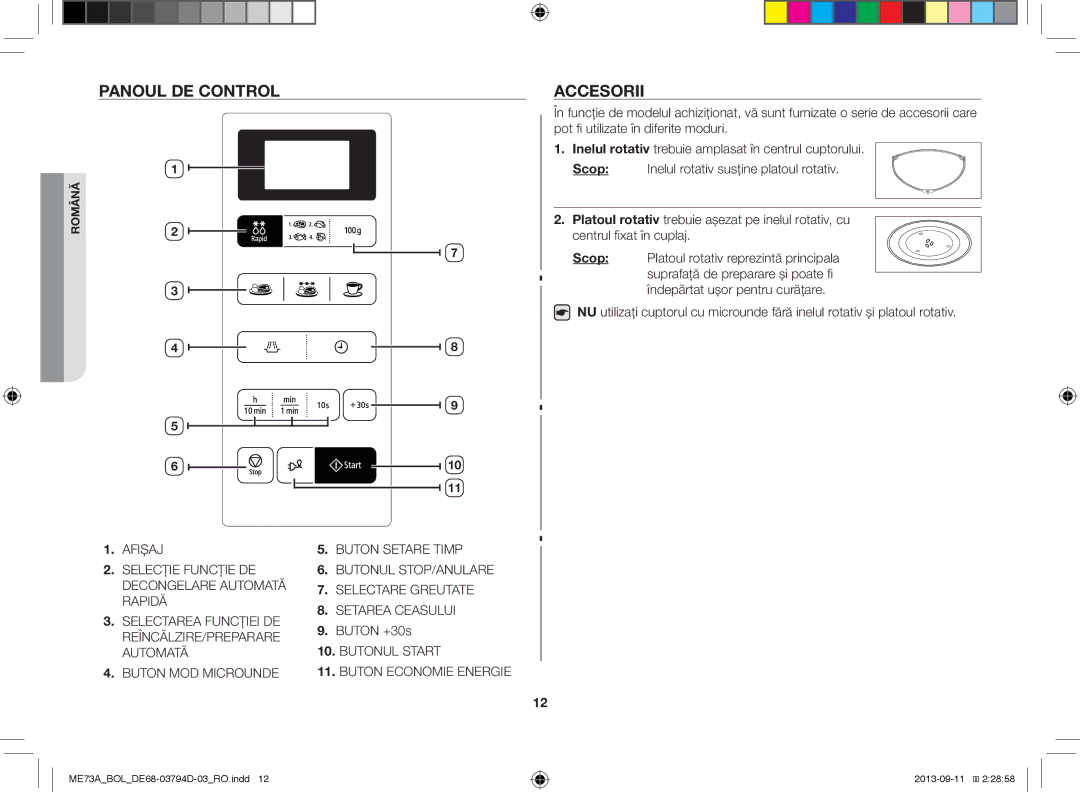 Samsung ME73A/BOL, ME73A/XEO manual Panoul DE Control, Accesorii, Buton +30s 