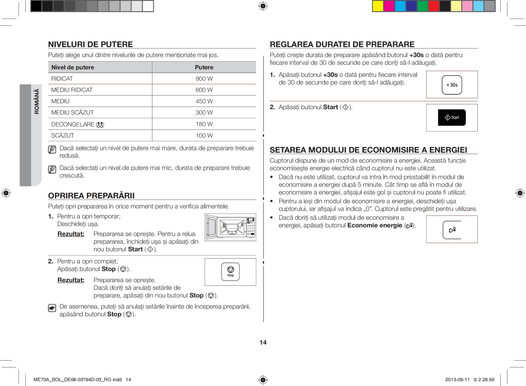 Samsung ME73A/BOL, ME73A/XEO Niveluri DE Putere, Reglarea Duratei DE Preparare, Oprirea Preparării, Nivel de putere Putere 