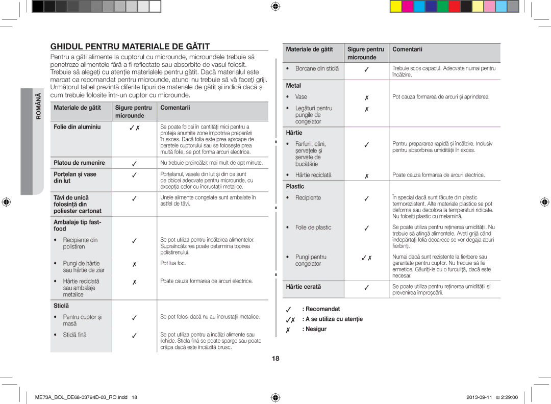 Samsung ME73A/BOL, ME73A/XEO manual Ghidul Pentru Materiale DE Gătit 