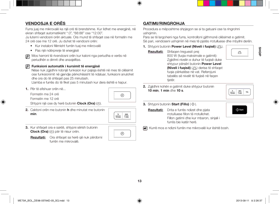 Samsung ME73A/XEO, ME73A/BOL manual Vendosja E Orës, Gatimi/Ringrohja 