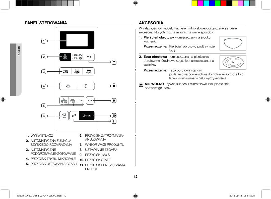 Samsung ME73A/BOL, ME73A/XEO manual Panel Sterowania, Akcesoria, Pierścień obrotowy umieszczany na środku kuchenki 