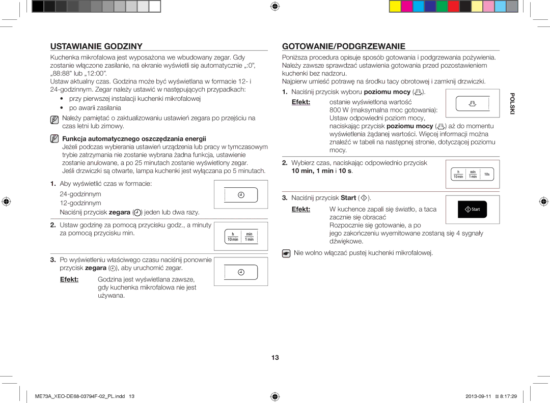 Samsung ME73A/XEO, ME73A/BOL Ustawianie Godziny GOTOWANIE/PODGRZEWANIE, Funkcja automatycznego oszczędzania energii, Efekt 