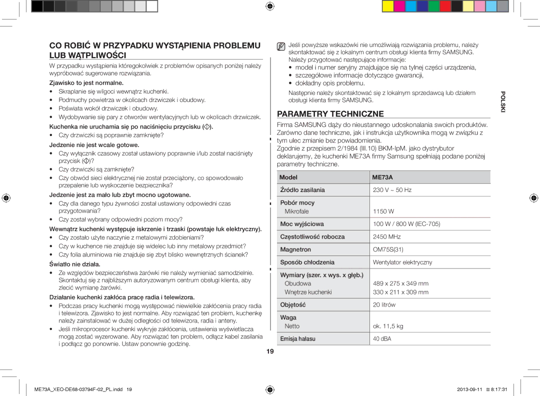 Samsung ME73A/XEO, ME73A/BOL manual CO Robić W Przypadku Wystąpienia Problemu LUB Wątpliwości, Parametry Techniczne, Model 