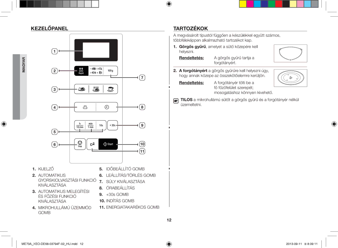 Samsung ME73A/BOL, ME73A/XEO manual Kezelőpanel, Tartozékok 