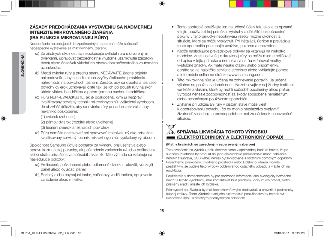 Samsung ME73A/BOL, ME73A/XEO manual Platí v krajinách so zavedeným separovaným zberom 