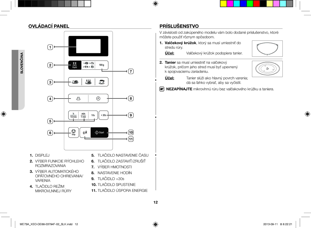 Samsung ME73A/BOL, ME73A/XEO manual Ovládací Panel, Príslušenstvo 