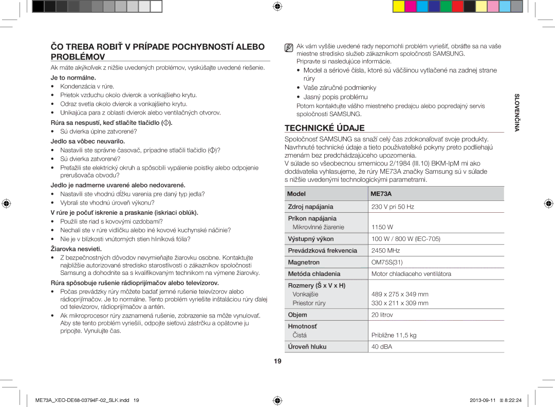 Samsung ME73A/XEO, ME73A/BOL manual ČO Treba Robiť V Prípade Pochybností Alebo Problémov, Technické Údaje 