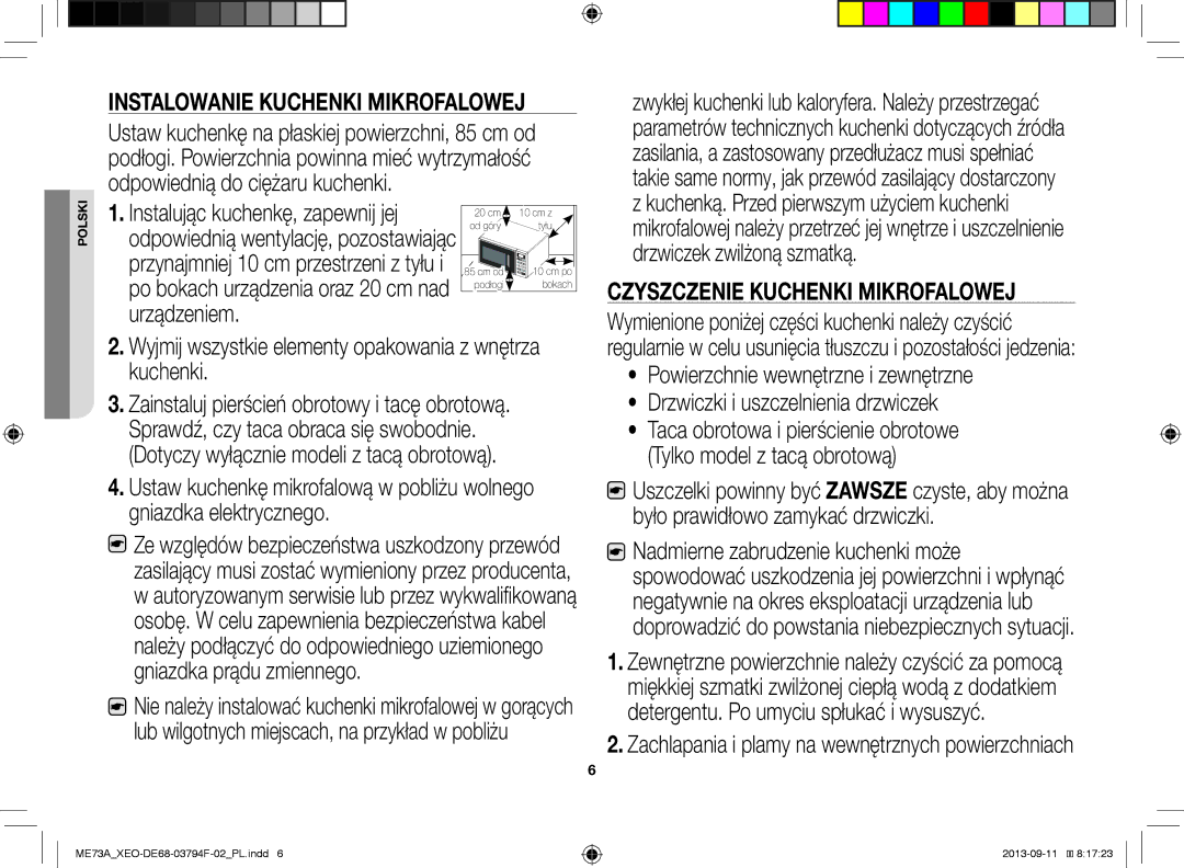 Samsung ME73A/BOL, ME73A/XEO manual Czyszczenie Kuchenki Mikrofalowej, Dotyczy wyłącznie modeli z tacą obrotową 