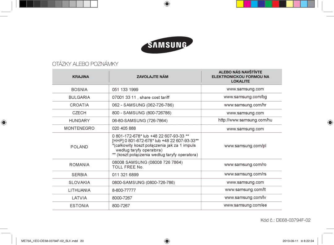 Samsung ME73A/BOL, ME73A/XEO manual Kód č. DE68-03794F-02 