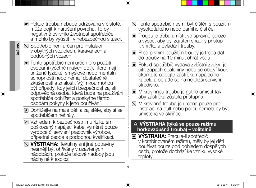 Samsung ME73A/BOL, ME73A/XEO manual Výstraha týká se pouze režimu horkovzdušná trouba volitelně 