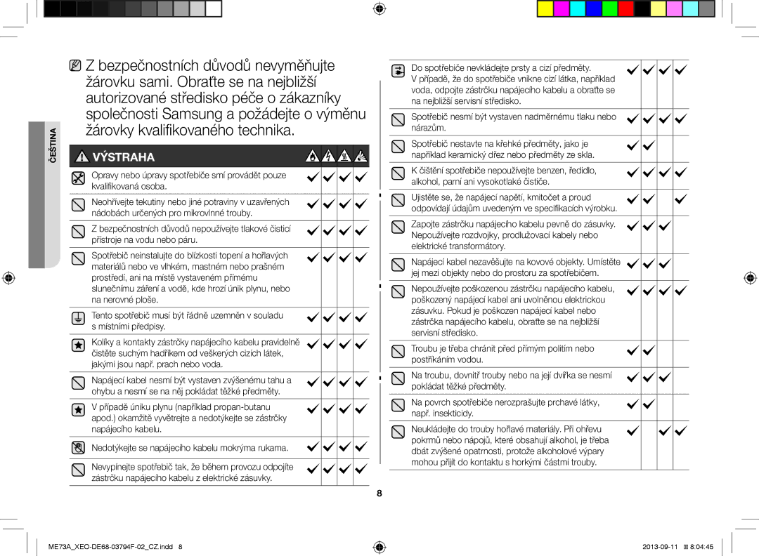 Samsung ME73A/BOL, ME73A/XEO manual Výstraha 