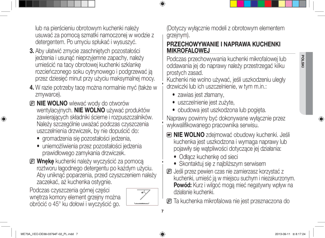 Samsung ME73A/XEO manual Razie potrzeby tacę można normalnie myć także w zmywarce, Gromadzenia się pozostałości jedzenia 