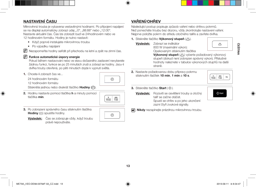 Samsung ME73A/XEO, ME73A/BOL manual Nastavení Času, Vaření/Ohřev, Funkce automatické úspory energie 