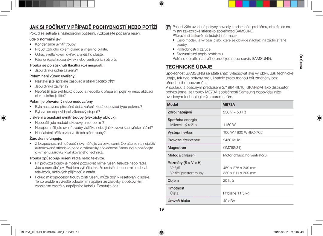 Samsung ME73A/XEO, ME73A/BOL manual JAK SI Počínat V Případě Pochybností Nebo Potíží, Technické Údaje 