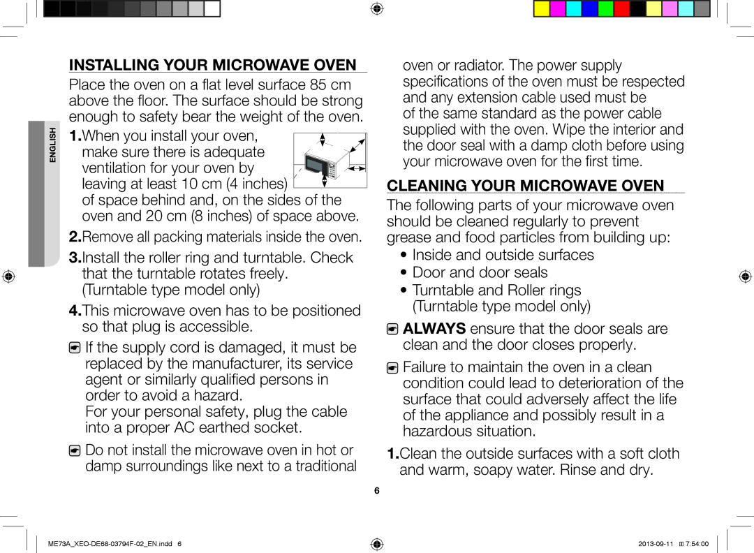 Samsung ME73A/BOL, ME73A/XEO manual Installing Your Microwave Oven, Cleaning Your Microwave Oven 