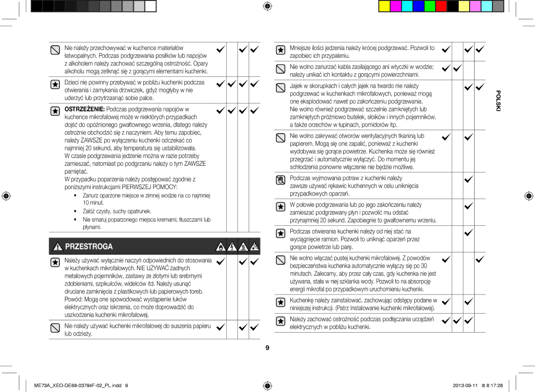 Samsung ME73A/XEO, ME73A/BOL manual Przestroga 