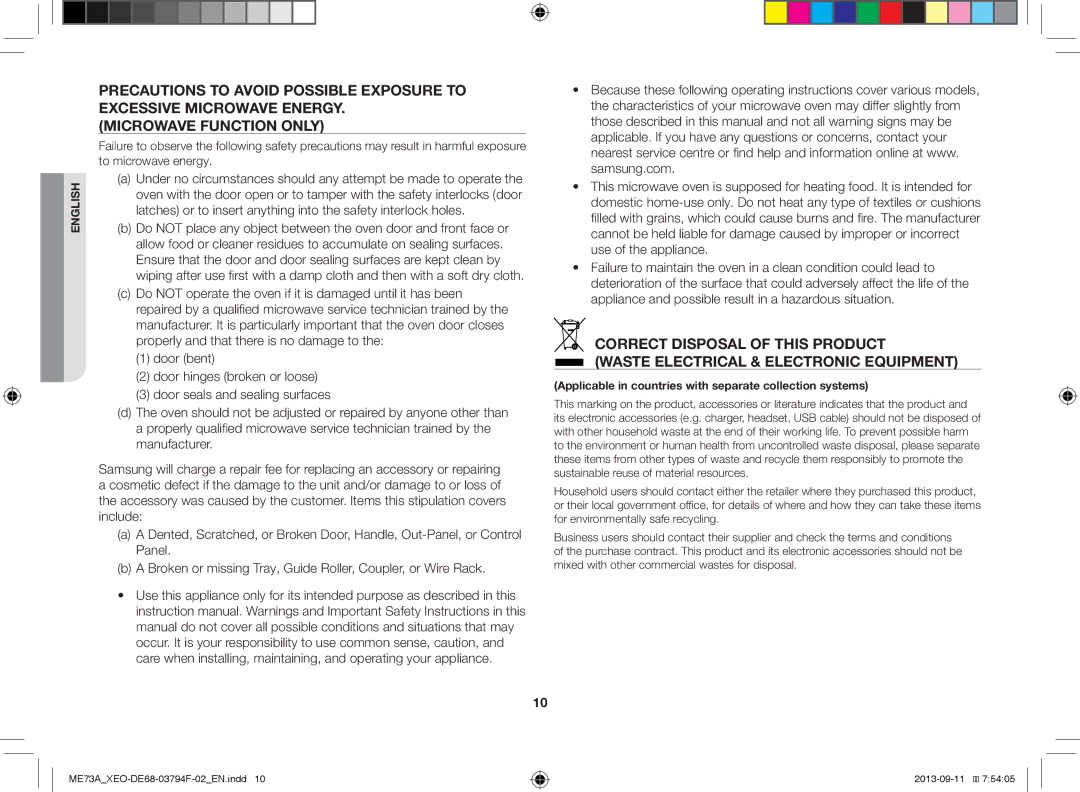 Samsung ME73A/BOL, ME73A/XEO manual Applicable in countries with separate collection systems 