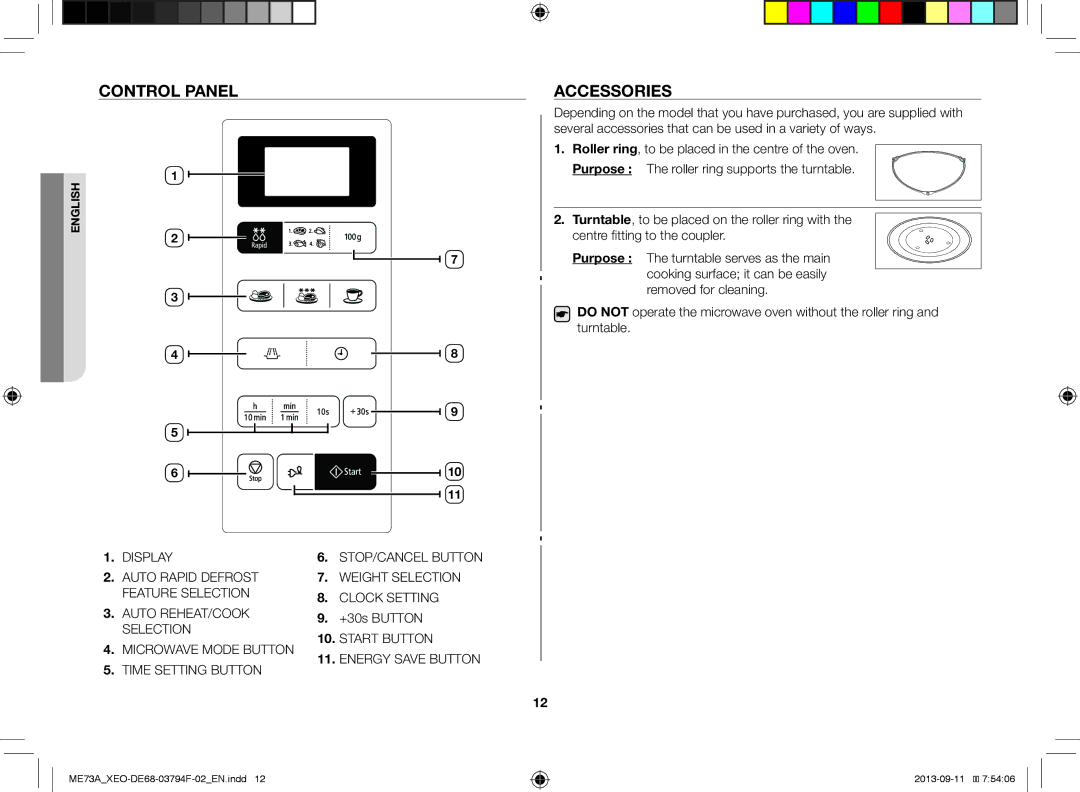 Samsung ME73A/BOL, ME73A/XEO manual Control Panel, Accessories 