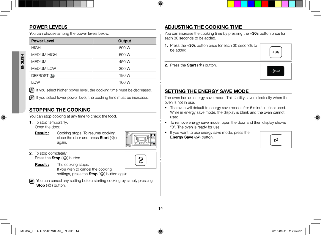 Samsung ME73A/BOL, ME73A/XEO Power Levels, Stopping the Cooking, Adjusting the Cooking Time, Setting the Energy Save Mode 