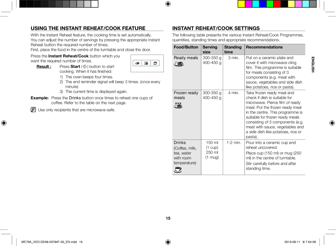 Samsung ME73A/XEO, ME73A/BOL manual Using the Instant REHEAT/COOK Feature, Instant REHEAT/COOK Settings 