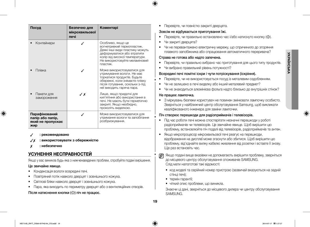 Samsung ME73AR-S/BWT, ME73AR/BWT manual Усунення Несправностей 