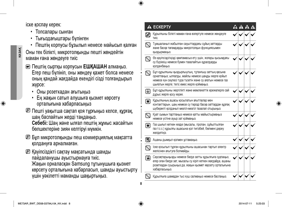 Samsung ME73AR/BWT, ME73AR-S/BWT manual Іске қоспау керек Топсалары сынған Тығыздағыштары бүлінген, Оны розеткадан ағытыңыз 