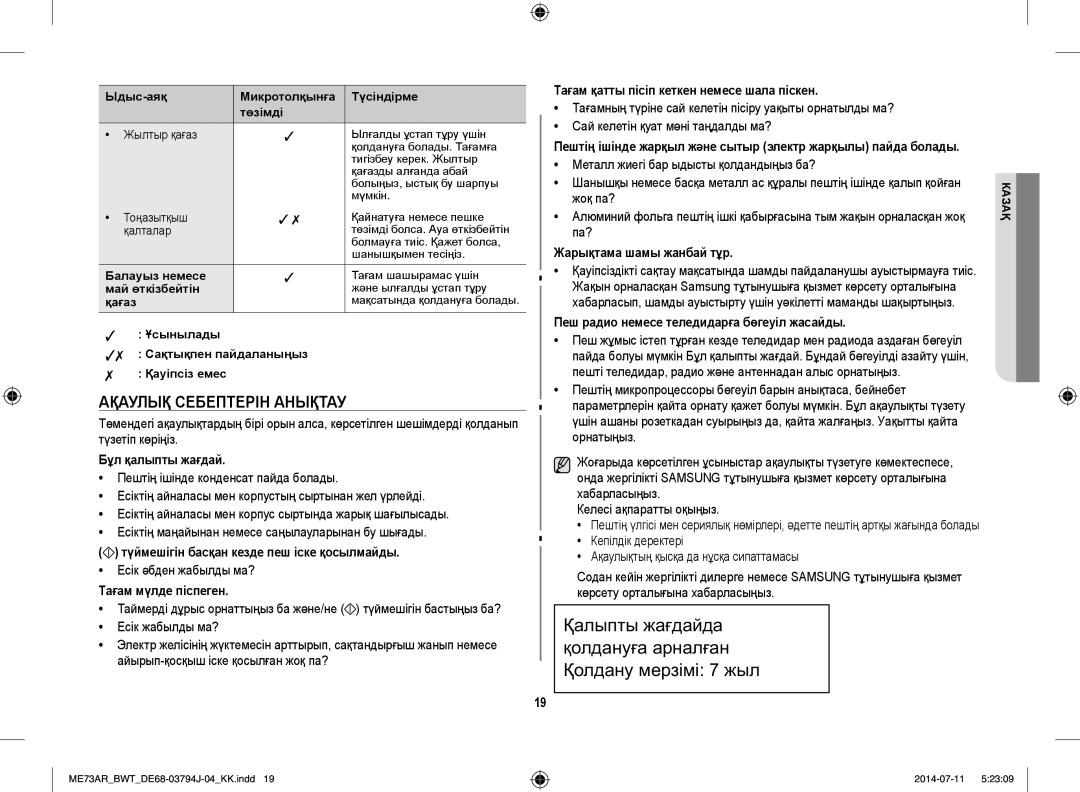 Samsung ME73AR-S/BWT, ME73AR/BWT manual Ақаулық Себептерін Анықтау 