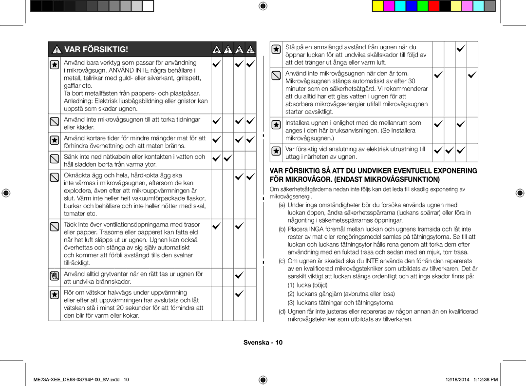 Samsung ME73A/XEE manual VAR Försiktig 