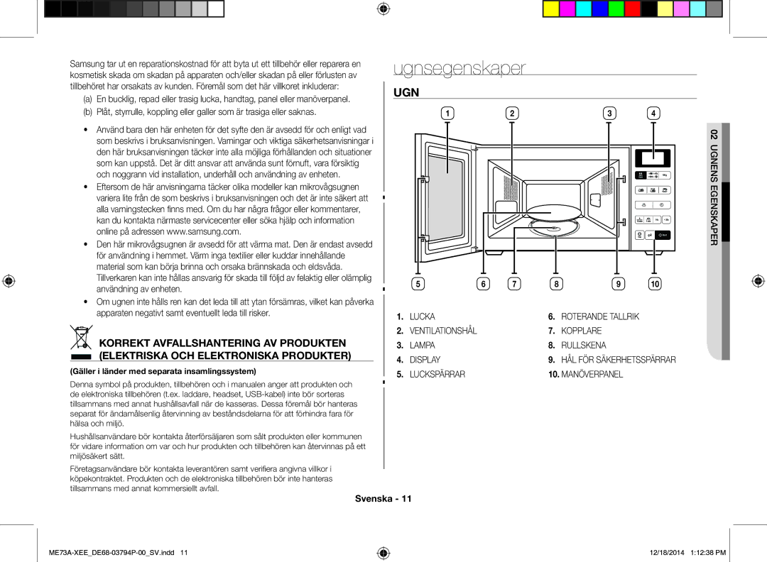 Samsung ME73A/XEE manual Ugnsegenskaper, Korrekt Avfallshantering AV Produkten, Elektriska OCH Elektroniska Produkter 