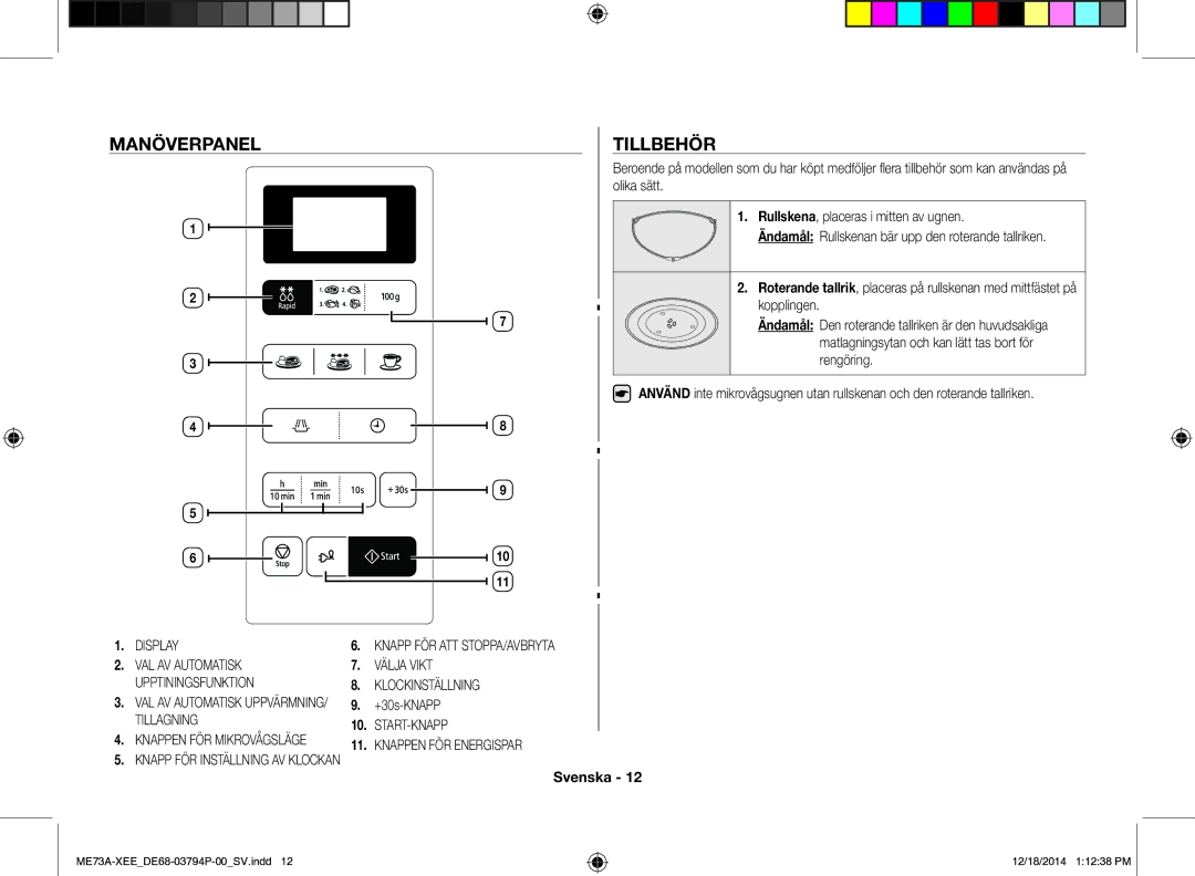 Samsung ME73A/XEE manual Manöverpanel Tillbehör, +30s-KNAPP 