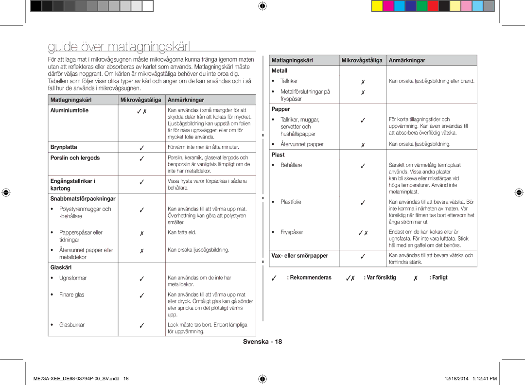 Samsung ME73A/XEE manual Guide över matlagningskärl 