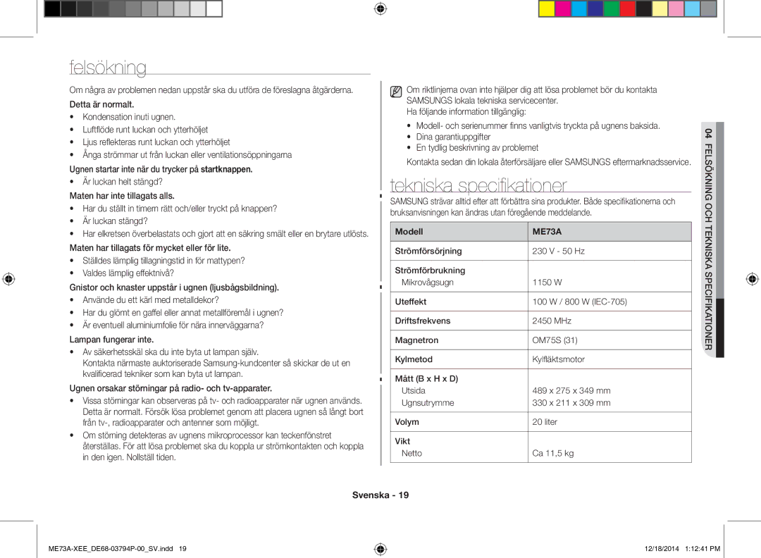 Samsung ME73A/XEE manual Felsökning, Tekniska specifikationer, Modell 