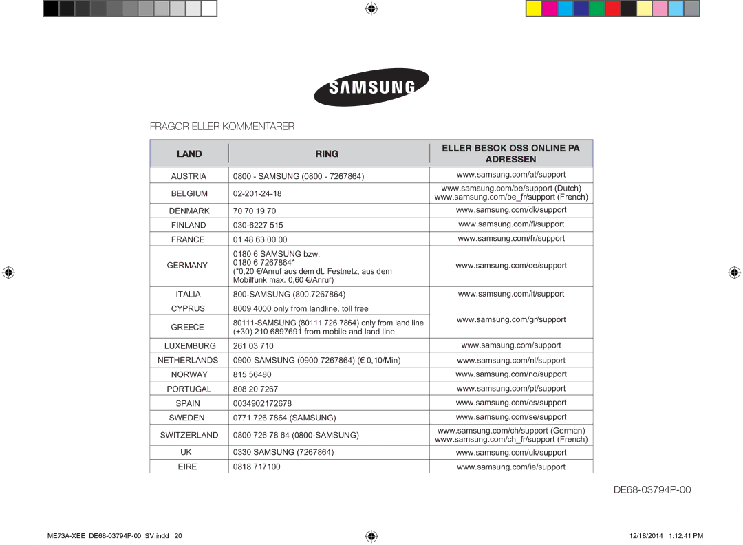 Samsung ME73A/XEE Samsung 0800, 02-201-24-18, 70 70 19, 030-6227, 01 48 63 00 0180 6 Samsung bzw, 261 03, 815, 808 20 