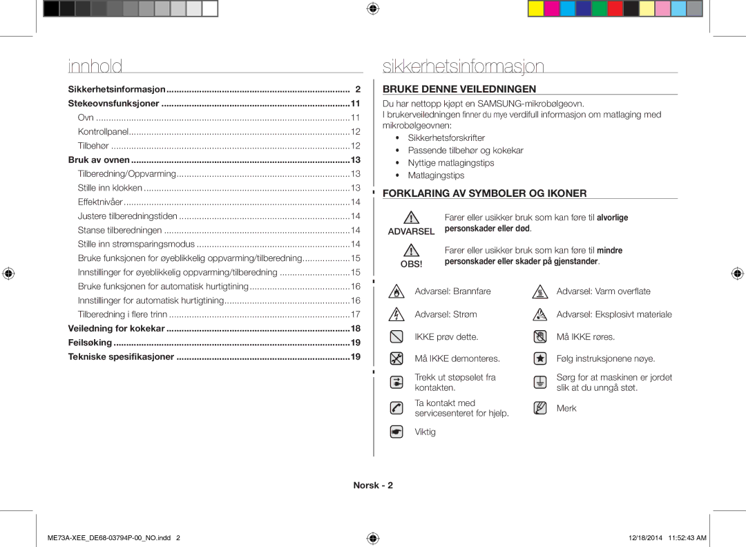 Samsung ME73A/XEE manual Sikkerhetsinformasjon, Bruke Denne Veiledningen, Forklaring AV Symboler OG Ikoner, Norsk 