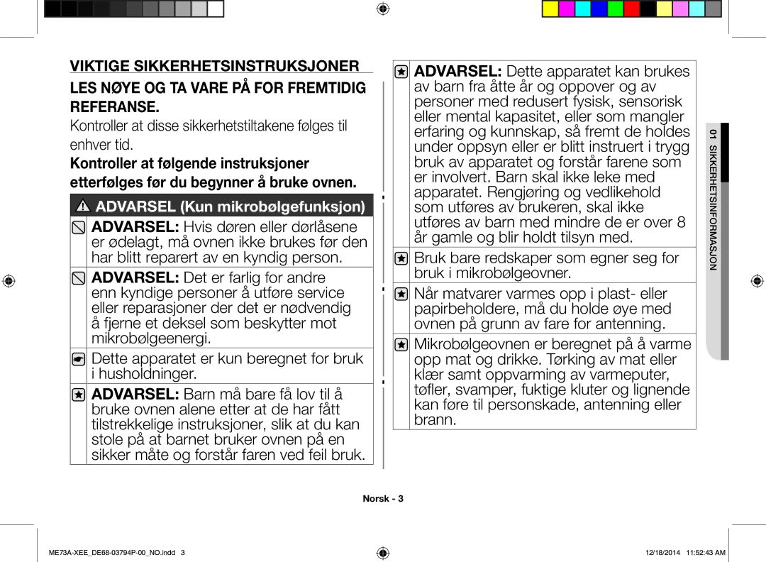 Samsung ME73A/XEE manual LES Nøye OG TA Vare PÅ for Fremtidig Referanse 