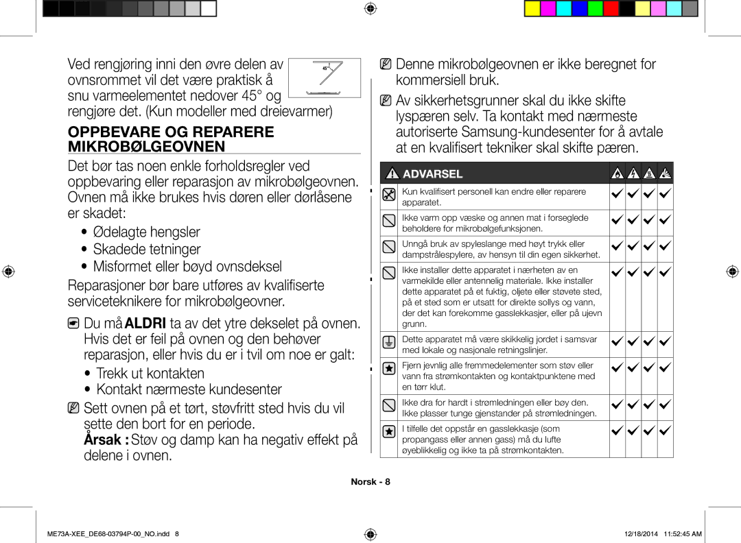 Samsung ME73A/XEE manual Oppbevare OG Reparere, Mikrobølgeovnen 