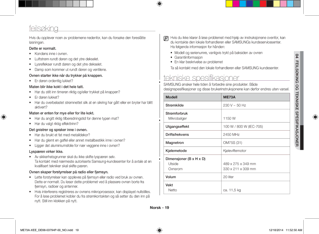 Samsung ME73A/XEE manual Feilsøking, Tekniske spesifikasjoner 