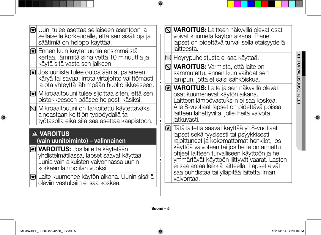 Samsung ME73A/XEE manual Varoitus 