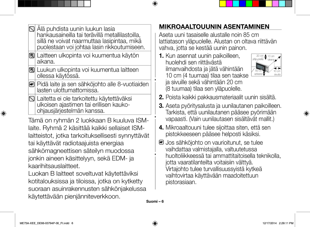 Samsung ME73A/XEE manual Mikroaaltouunin Asentaminen 