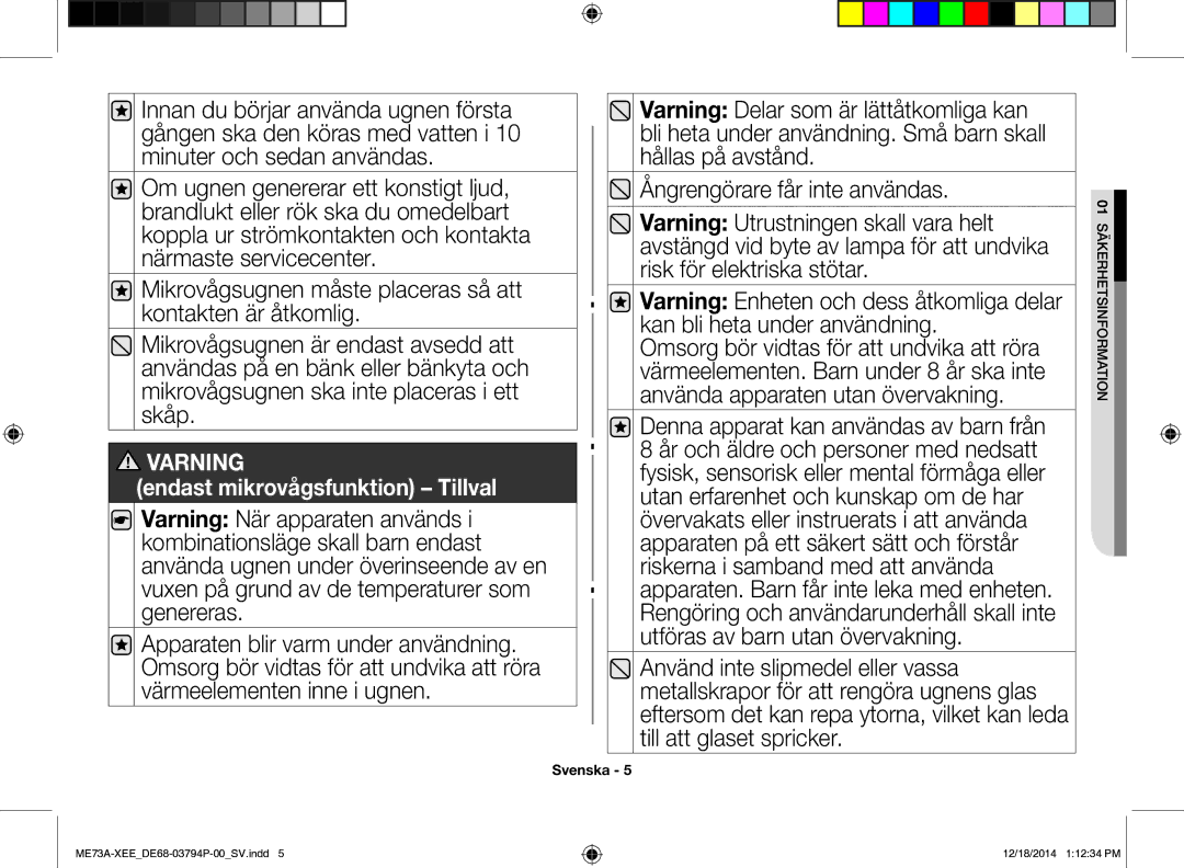 Samsung ME73A/XEE manual Varning 