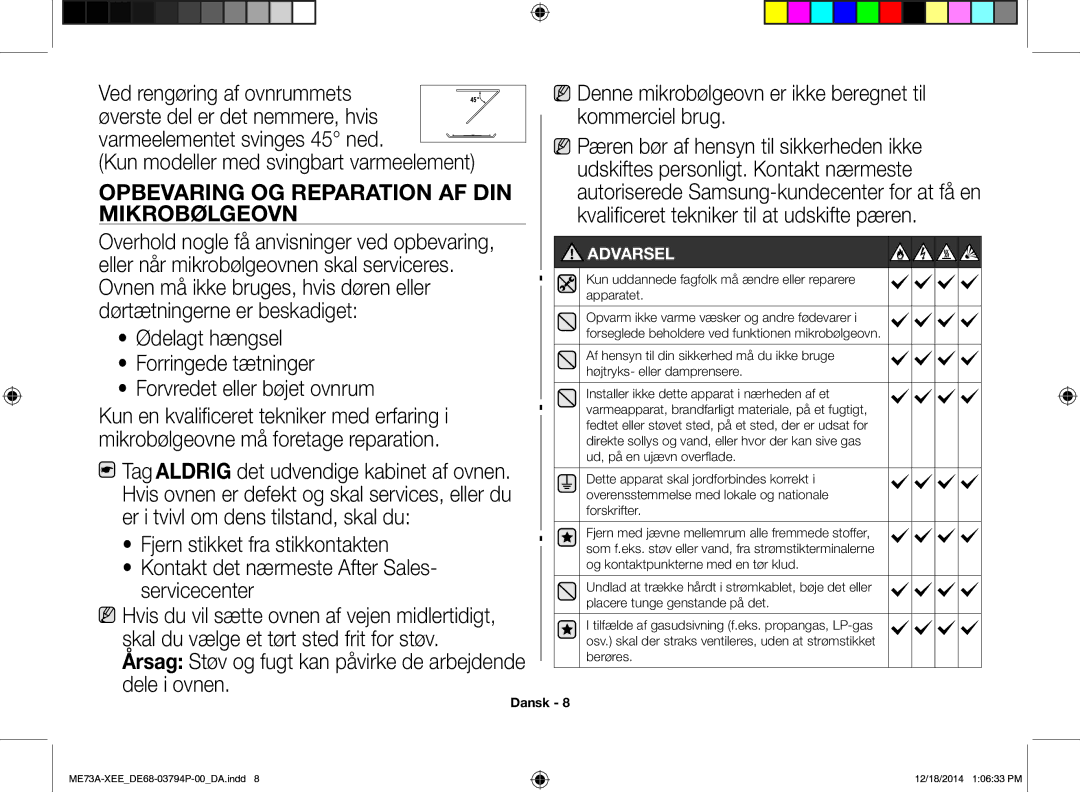 Samsung ME73A/XEE manual Opbevaring OG Reparation AF DIN, Mikrobølgeovn 