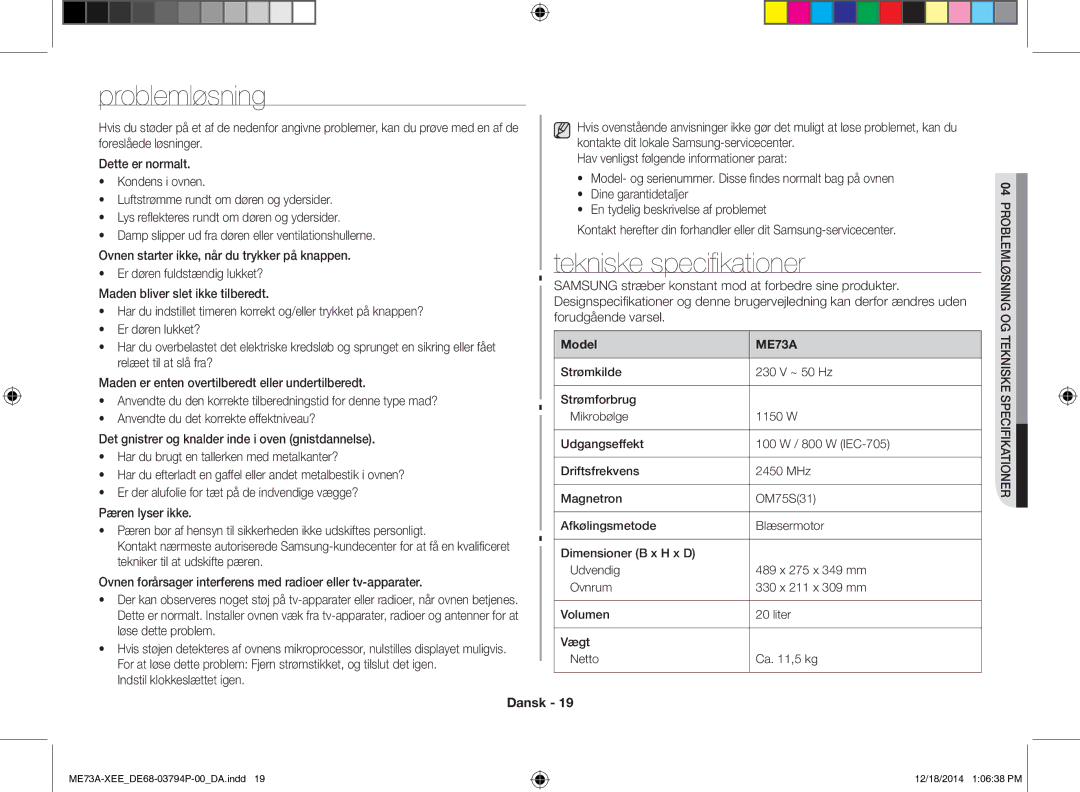 Samsung ME73A/XEE manual Problemløsning, Tekniske specifikationer, Model 