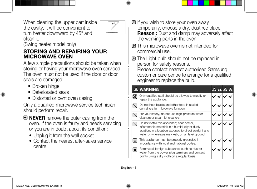 Samsung ME73A/XEE manual Storing and Repairing Your Microwave Oven, This microwave oven is not intended for commercial use 