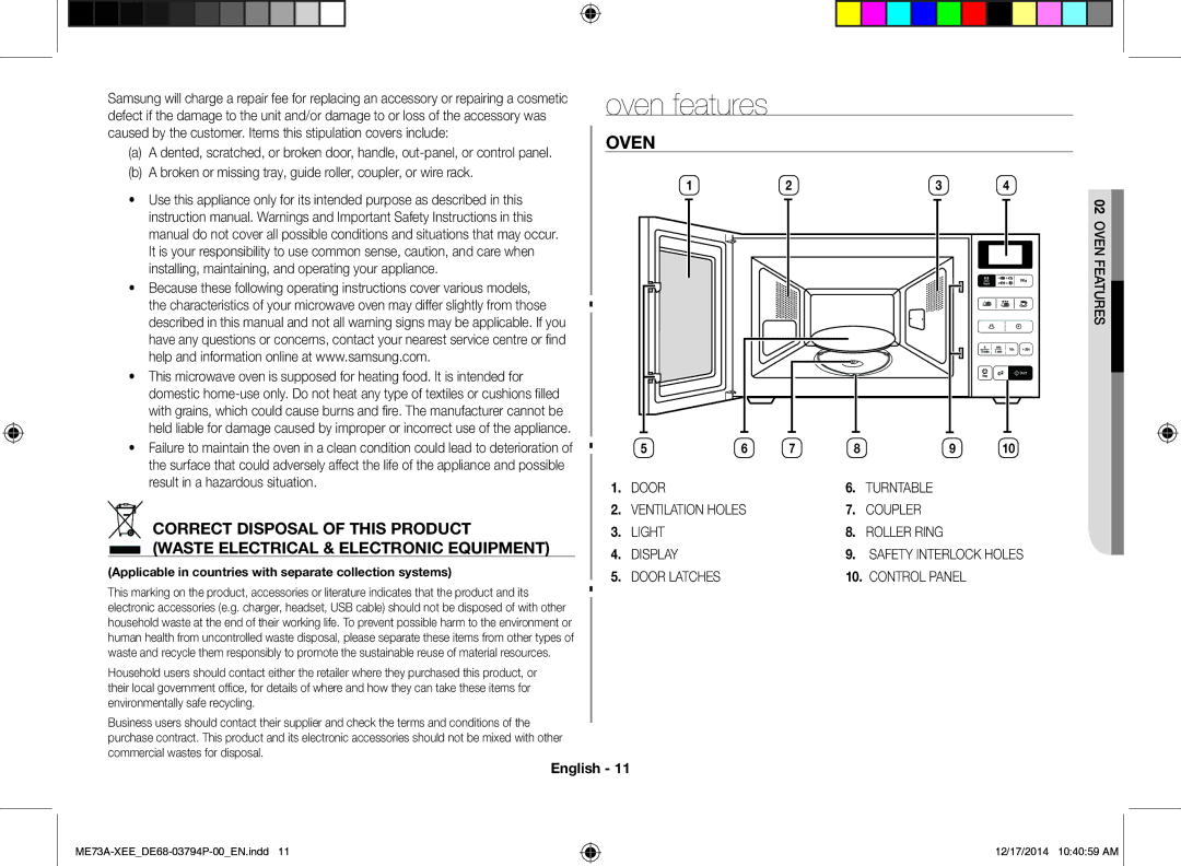 Samsung ME73A/XEE manual Oven, Correct Disposal of this Product, Waste Electrical & Electronic Equipment 