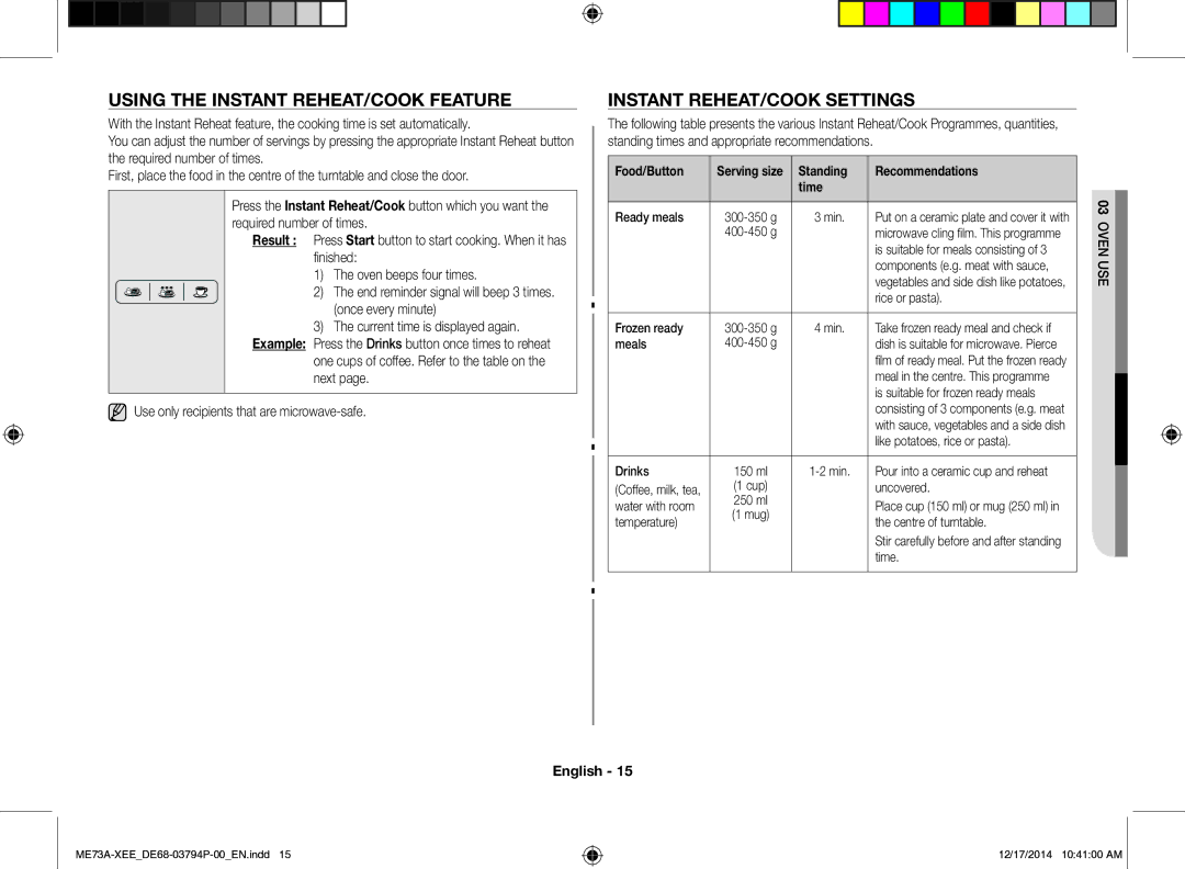 Samsung ME73A/XEE manual Using the Instant REHEAT/COOK Feature, Instant REHEAT/COOK Settings, Food/Button 