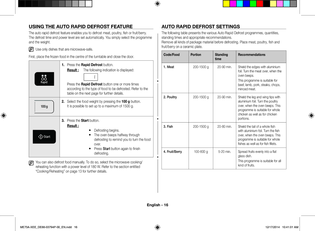 Samsung ME73A/XEE manual Using the Auto Rapid Defrost Feature, Auto Rapid Defrost Settings, Result 