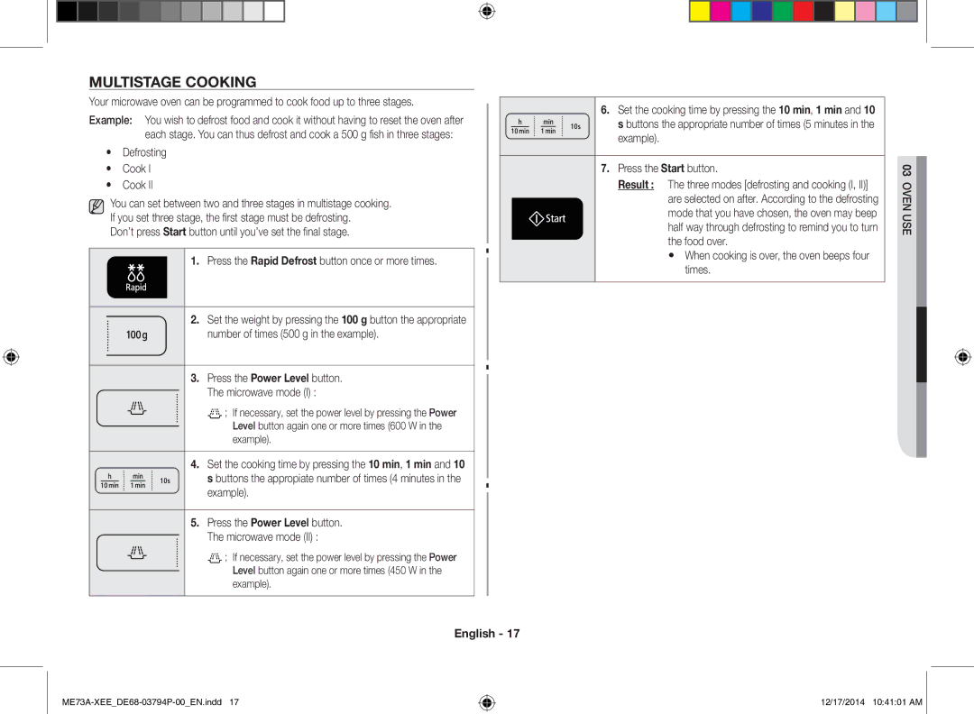 Samsung ME73A/XEE manual Multistage Cooking, Example Press the Start button, Food over, Times 