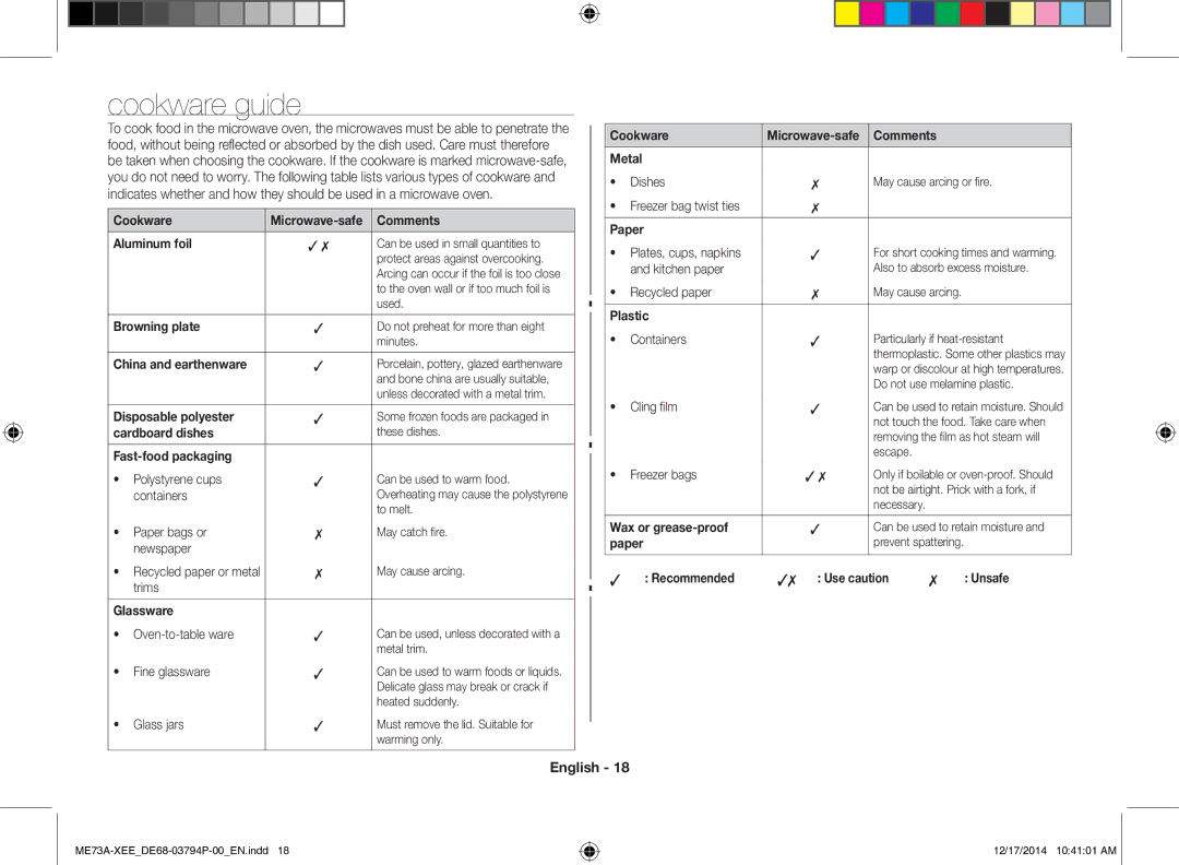 Samsung ME73A/XEE manual Cookware guide 