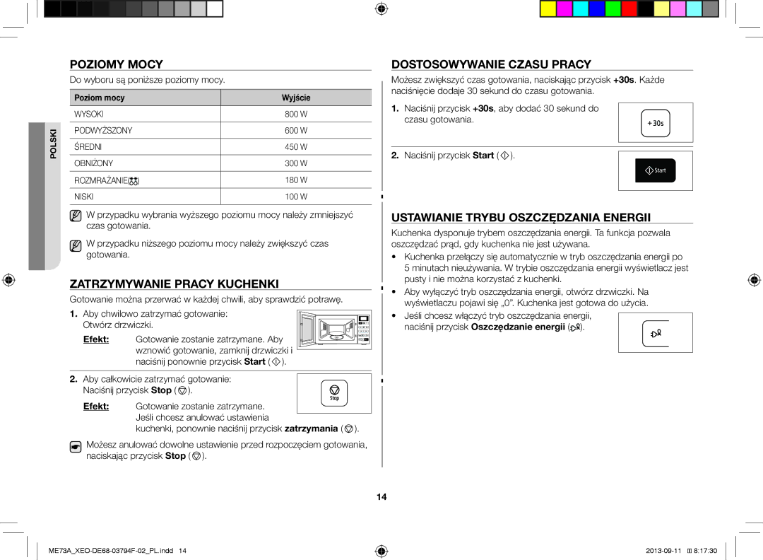 Samsung ME73A/XEO manual Poziomy Mocy, Zatrzymywanie Pracy Kuchenki, Dostosowywanie Czasu Pracy, Poziom mocy Wyjście 